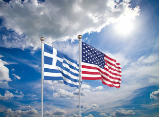 United States of America vs Greece. Thick colored silky flags of America and Greece. 3D illustration on sky background. - Illustration