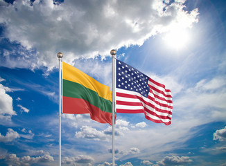 United States of America vs Lithuania. Thick colored silky flags of America and Lithuania. 3D illustration on sky background. - Illustration