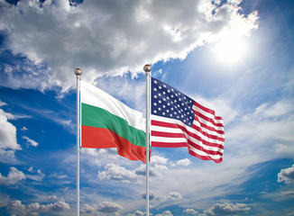 United States of America vs Bulgaria. Thick colored silky flags of America and Bulgaria. 3D illustration on sky background. - Illustration