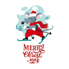 Merry Christmas and Happy New Year. Funny rat for design. Cute little ski mice in winter. Merry mouse. Vector illustration with hand written lettering. symbol on eastern calendar