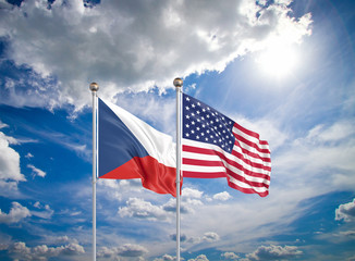 United States of America vs Czech Republic. Thick colored silky flags of America and Czech Republic. 3D illustration on sky background. - Illustration