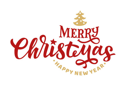 Merry Christmas and Happy New Year.  Vector hand drawn lettering illustration. Flat inscription handwritten font, text in italics brush. Quote with Christmas tree for congratulations.