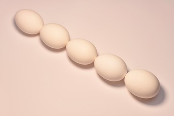A diagonal line of oval chicken eggs lined up by a chain in a bed pink peach color.