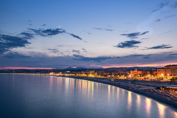 Fototapeta na wymiar Landscapes of the Mediterranean sea, bay of Angels at night, Nice, France