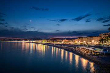 Landscapes of the Mediterranean sea, bay of Angels at night, Nice, France