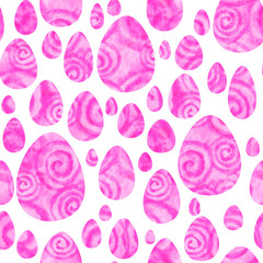 Watercolor pink eggs on white background. Bright Easter seamless pattern. Isolated on white background. Hand-painted texture with spiral, splashes, drops, gradients. Watercolor stock illustration.