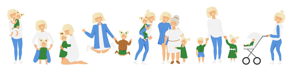 Vector set of blond mother's little activities. Funny situations of mom on maternity leave. Concept design of happy family huge each other isolated. Three generations together holds hands and laugh