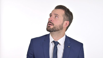 Portrait of Scared Young Businessman Feeling Afraid, White Background