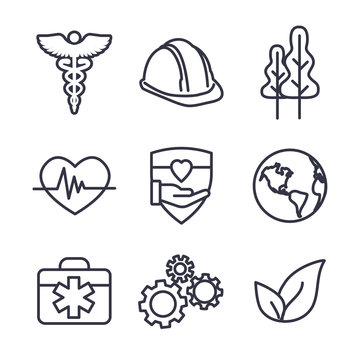 Health Safety and Environment Icon Set  with medical, safety, & leaves icons