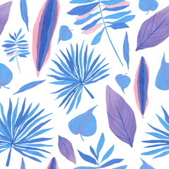 Seamless pattern with tropical leaves drawn in hand-made gouache in blue, blue, pink colors with veins in a decorative style. Hand painted