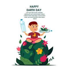 International Earth Day.Child Hold Reused,Utilized Plastic Bottle. Planet Globe.Environment Friendly Concept.Upcycle Reutilization,Reduce Waste