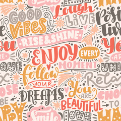 Lettering seamless pattern positive words. Sweet cute inspiration typography. For textile, wrapping paper, hand drawn style backgrounds - 329783048