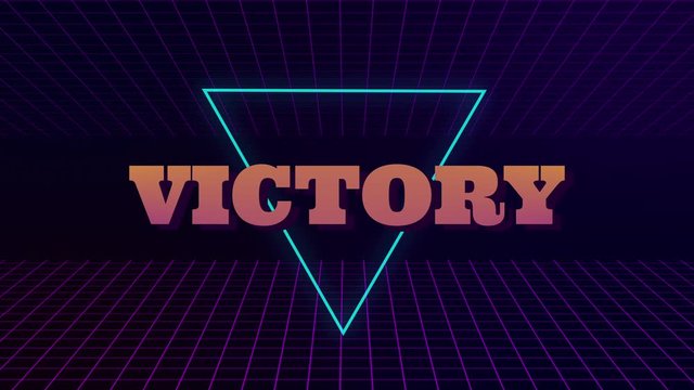 VHS retro animation with the appearing neon triangle and the text victory. The grid moves forward. Retro style. Video games from the 80s. Motion graphics.