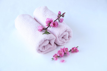 Obraz na płótnie Canvas ピンクのタオルと桃の花