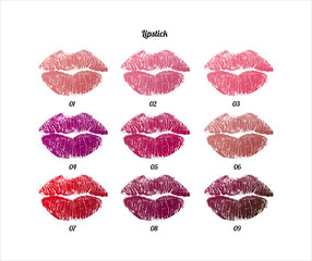 Lipstick kiss print isolated vector. Red and pink lips. imprint of real female lips. Sexy makeup, kiss mouth. On white background. Template for lipstick catalog. Different colours