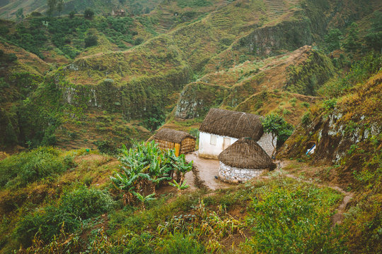 Santo Antao Cape Cabo Verde. Local houses on mountain top on hiking trail in Ribeira de Janela