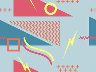 Seamless pattern in the style of the 80s and 90s with geometric shapes and memphis elements. Trendy colorful retro background for promotional products, wrapping paper and printing. Vector illustration