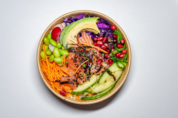 Closeup of salmon poke bowl