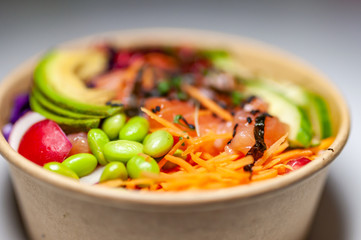 Closeup of salmon poke bowl
