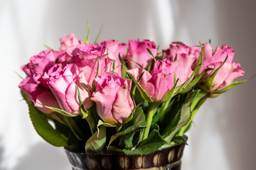 Fototapeta na wymiar Bouquet of fresh delicate light pink roses and blurred green leaves in a vase in a sunny summer day, beautiful indoor floral background