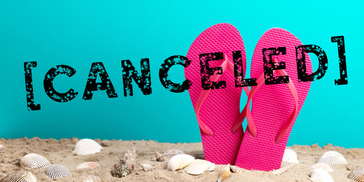 pink flip flops with blue background and shellfish and text canceled