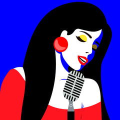 Young women with pop art style sings in blues style. Bright color illustration of a girl