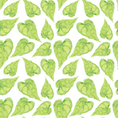 Seamless pattern with watercolor tropical green leaves. Hand drawn bright illustration of veined textured Alocasia leaf. Botanical background of tropical plant
