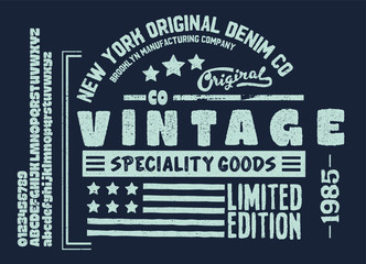 Vector illustration on a theme of American jeans, denim and raw. Vintage design. Grunge background. Typography, t-shirt graphics, print, poster, banner, flyer, postcard.Handmade Vintage Font for label