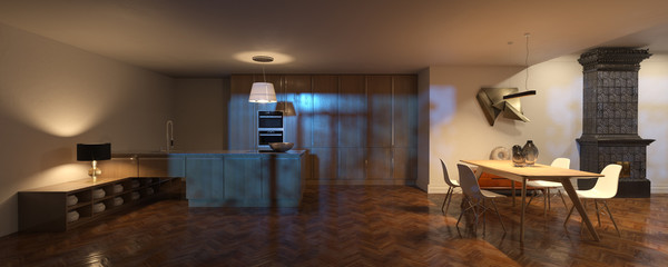 Scandinavian interior with wood kitchen and dining room and vintage fireplace night time 3d render