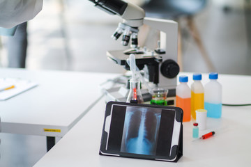 The medical team wore a coronavirus protective suit and rubber gloves to examine the coronavirus covid-19 and research for a vaccine to prevent coronavirus covid-19 to stop the epidemic.