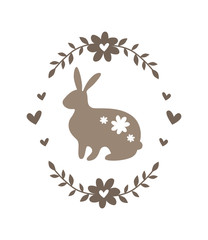 Silhouette of an easter bunny on white background. Brown rabbit in floral frame. Vintage illustration in scandinavian style for web, print, postcard, invitatin and wallpaper