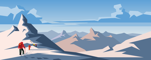 Climbers climbing mountain with snow field. Snow hills landscape. Winter snowdrift panoramic background. Cover on the theme of professional hiking