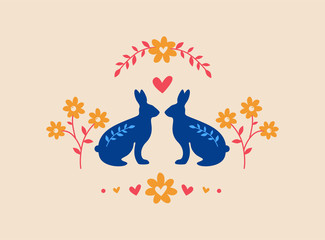 Silhouette of pair of easter bunnies on pink background. Blue rabbits in vintage floral frame. Flat, cartoon, scandinavian, retro style, stock vector illustration 