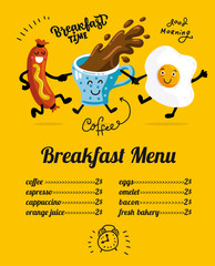 Breakfast menu placemat food restaurant brochure, template design. Flat illustration concept. Fanny dinner flyer with handdrawn graphic for children's menu. cartoon characters coffee cup, egg, sausage