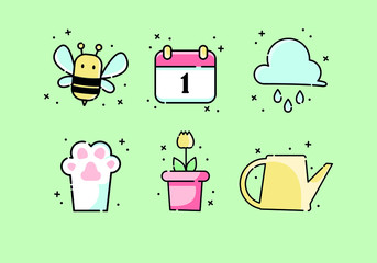 Set of cute vector icons. Spring icons with a cartoon bee, flower, cloud, paw and watering can on a green background.