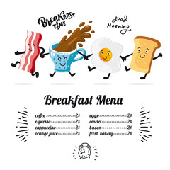 Breakfast menu. Vector placemat or poster with calligraphy lettering. Flat chalk illustration of dancing coffee cup, bacon, toast, egg. Cafe menu template
