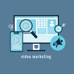 Video marketing concept. Monitor computer and icon video player, email. Digital industry. Vector flat illustration