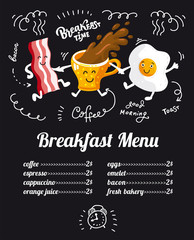 Breakfast menu placemat food restaurant brochure, template design. Flat illustration. Fanny dinner flyer with hand-drawn graphic for children's menu. cartoon characters coffee cup, bacon, egg, sausage