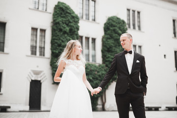 Fototapeta premium Lovely happy wedding couple, bride with long white dress