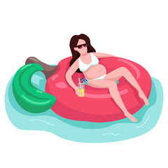 Expectant woman in sunglasses flat color vector faceless character. Pregnant girl having drink. Female with cocktail on inflatable apple ring. Resting on water toy isolated cartoon illustration
