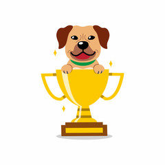 Cartoon character brown dog with gold trophy cup award for design.