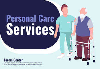 Personal care service banner flat vector template. Brochure, poster concept design with cartoon characters. Senior home nurse and patient horizontal flyer, leaflet with place for text