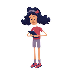 Teenager girl using tablet, phone flat cartoon vector illustration. Preteen kid addicted to gadget. Ready to use 2d character template for commercial, animation, printing design. Isolated comic hero
