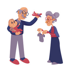 Grandparents playing with infant flat cartoon illustration. Senior grandma and grandpa loving grandson. Ready to use 2d character template for commercial, animation, printing. Isolated comic hero