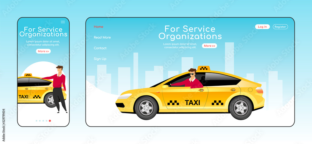 Poster for service organizations responsive landing page flat vector template. taxi service homepage layout