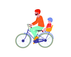 Father and son on a bicycle. Man with helmet carrying his baby on a bike. Toddler is wearing a blue helmet and enjoying the ride. Urban parenting and cycling with kids safety.