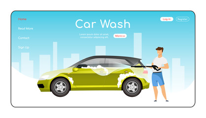 Car wash landing page flat color vector template. Auto cleaning tools homepage layout. High pressure cleaner one page website interface with cartoon character. Power washer web banner, webpage