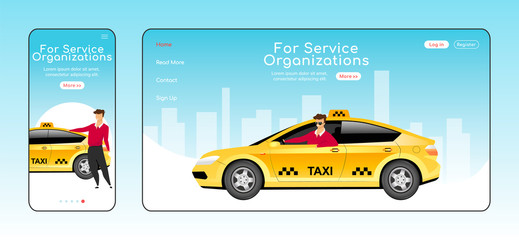 For service organizations responsive landing page flat vector template. Taxi service homepage layout. One page website UI with cartoon character. Cab delivery adaptive webpage cross platform design