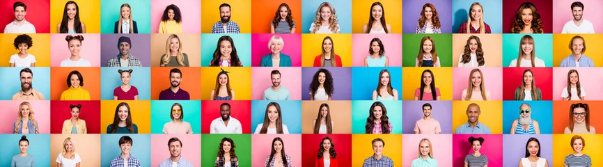 Fotobehang Photo collage of cheerful excited glad optimistic crowd of different human have toothy beaming smile wear casual clothes isolated over bright multicolored background © deagreez