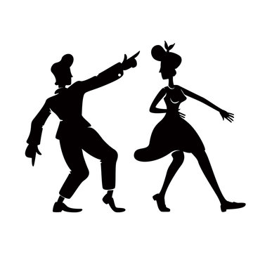 Rock n roll dancers black silhouette vector illustration. Retro people in jive dance pose. Vintage man and woman. Cool old school couple 2d cartoon characters shape for commercial, animation, printing